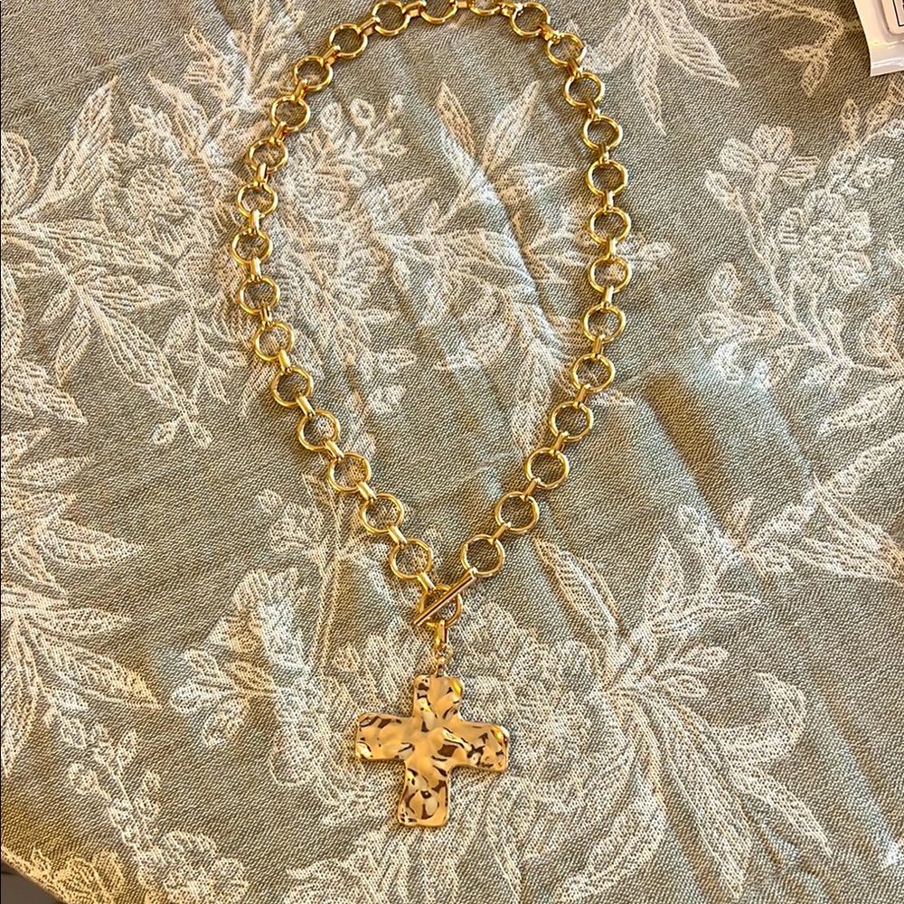 Gold Chain Necklace with Hammered Cross Pendant